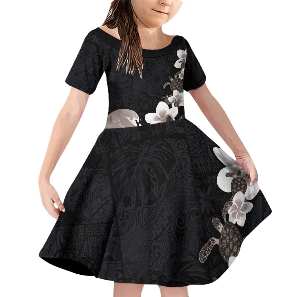 Hawaiian Plumeria and Turtle Family Matching Off Shoulder Short Dress and Hawaiian Shirt with Polynesian Tribal Art Pattern Grayscale Color