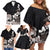 Hawaiian Plumeria and Turtle Family Matching Off Shoulder Short Dress and Hawaiian Shirt with Polynesian Tribal Art Pattern Grayscale Color