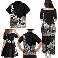 Hawaiian Plumeria and Turtle Family Matching Puletasi and Hawaiian Shirt with Polynesian Tribal Art Pattern Grayscale Color