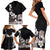 Hawaiian Plumeria and Turtle Family Matching Short Sleeve Bodycon Dress and Hawaiian Shirt with Polynesian Tribal Art Pattern Grayscale Color