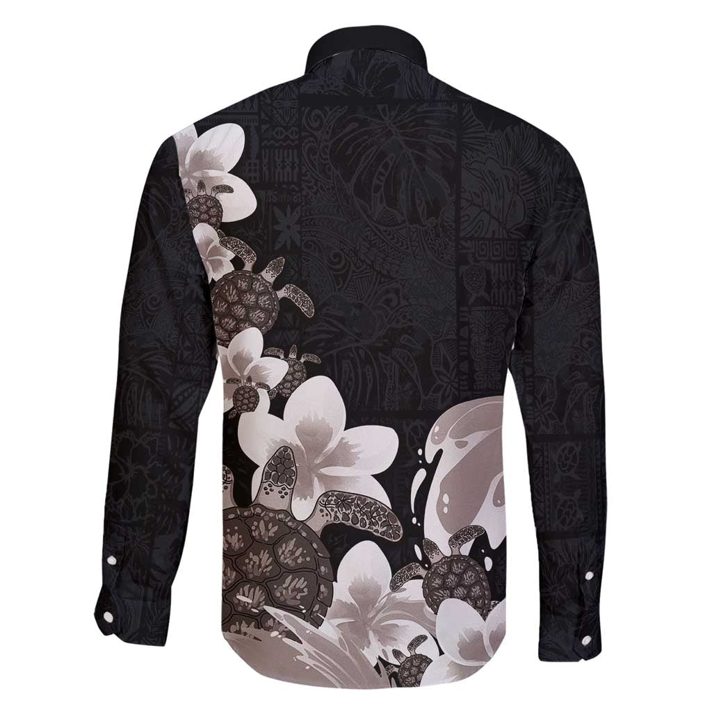Hawaiian Plumeria and Turtle Family Matching Short Sleeve Bodycon Dress and Hawaiian Shirt with Polynesian Tribal Art Pattern Grayscale Color