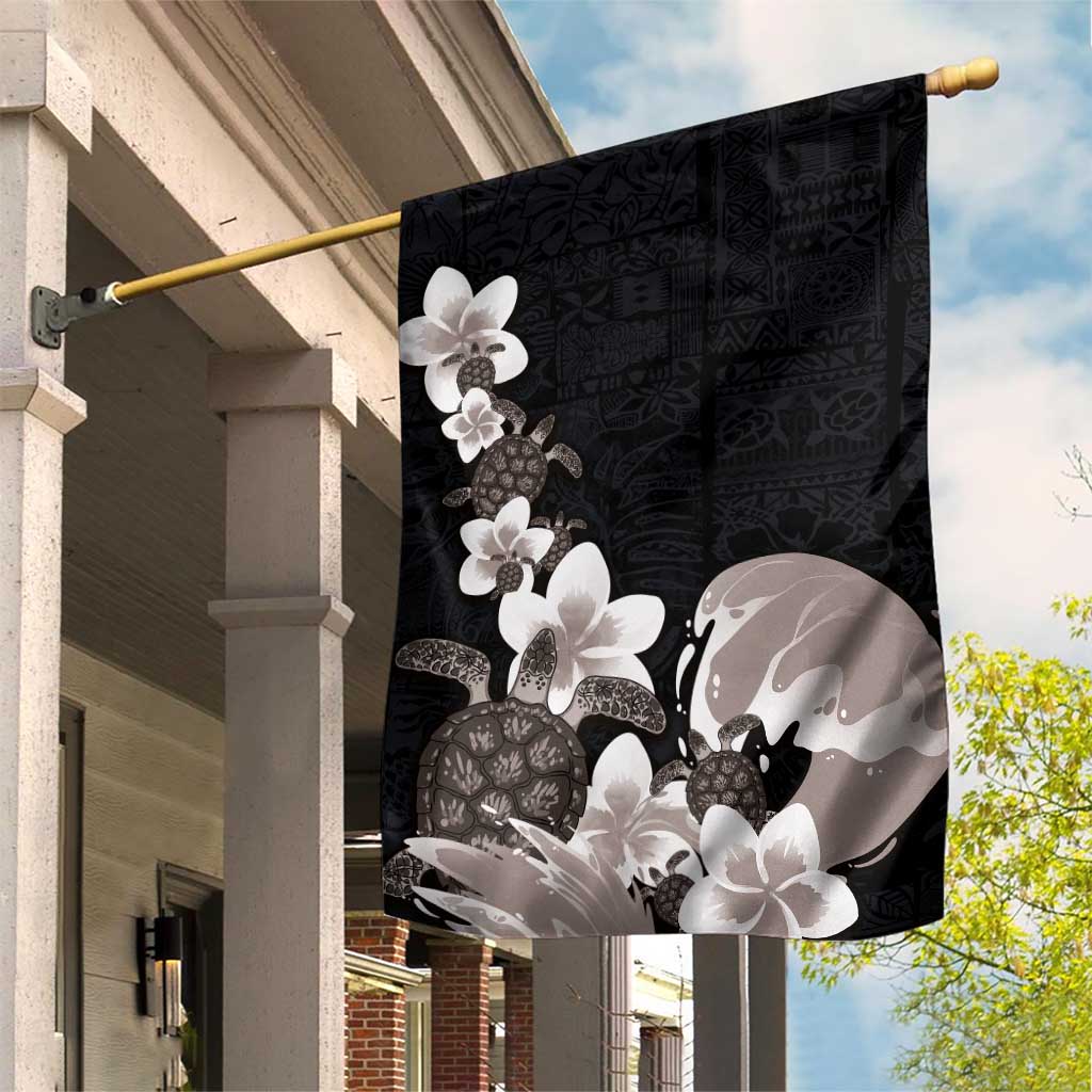 Hawaiian Plumeria and Turtle Garden Flag with Polynesian Tribal Art Pattern Grayscale Color LT03 House Flag Black - Polynesian Pride