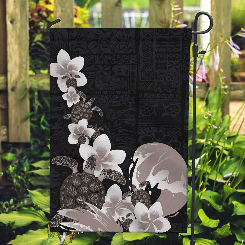 Hawaiian Plumeria and Turtle Garden Flag with Polynesian Tribal Art Pattern Grayscale Color LT03 Garden Flag Black - Polynesian Pride