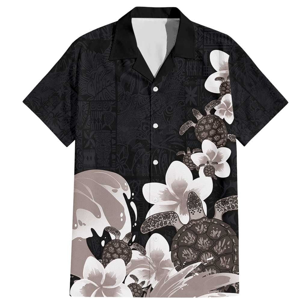 Hawaiian Plumeria and Turtle Hawaiian Shirt with Polynesian Tribal Art Pattern Grayscale Color LT03 Black - Polynesian Pride