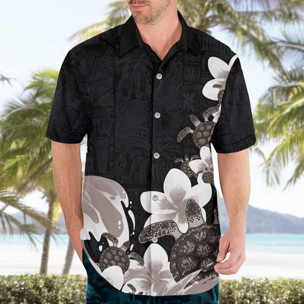 Hawaiian Plumeria and Turtle Hawaiian Shirt with Polynesian Tribal Art Pattern Grayscale Color LT03 - Polynesian Pride