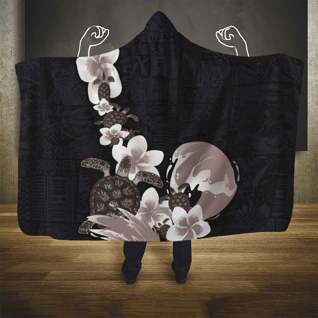 Hawaiian Plumeria and Turtle Hooded Blanket with Polynesian Tribal Art Pattern Grayscale Color LT03 - Polynesian Pride