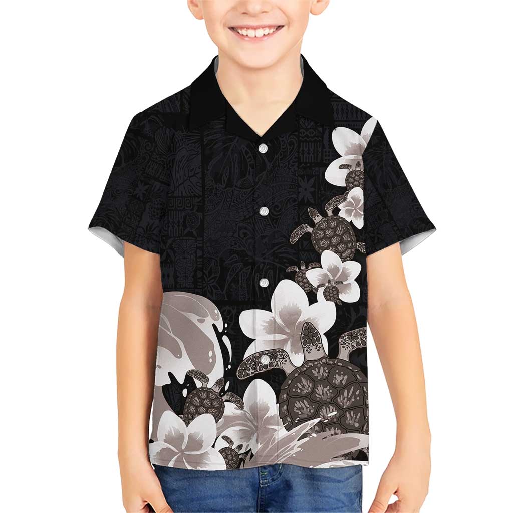 Hawaiian Plumeria and Turtle Kid Hawaiian Shirt with Polynesian Tribal Art Pattern Grayscale Color