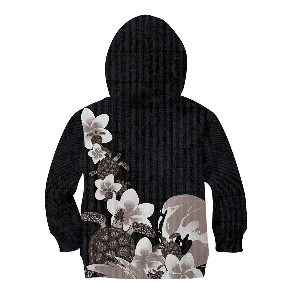 Hawaiian Plumeria and Turtle Kid Hoodie with Polynesian Tribal Art Pattern Grayscale Color