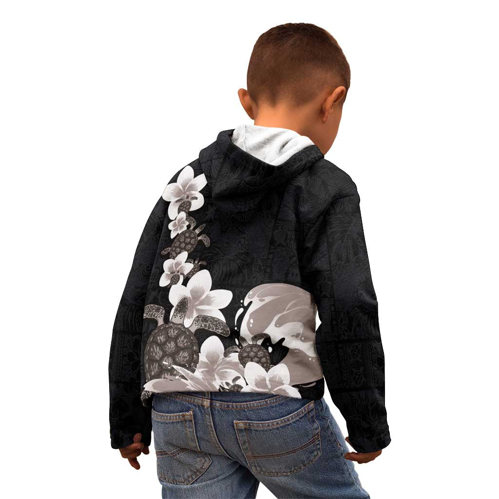 Hawaiian Plumeria and Turtle Kid Hoodie with Polynesian Tribal Art Pattern Grayscale Color