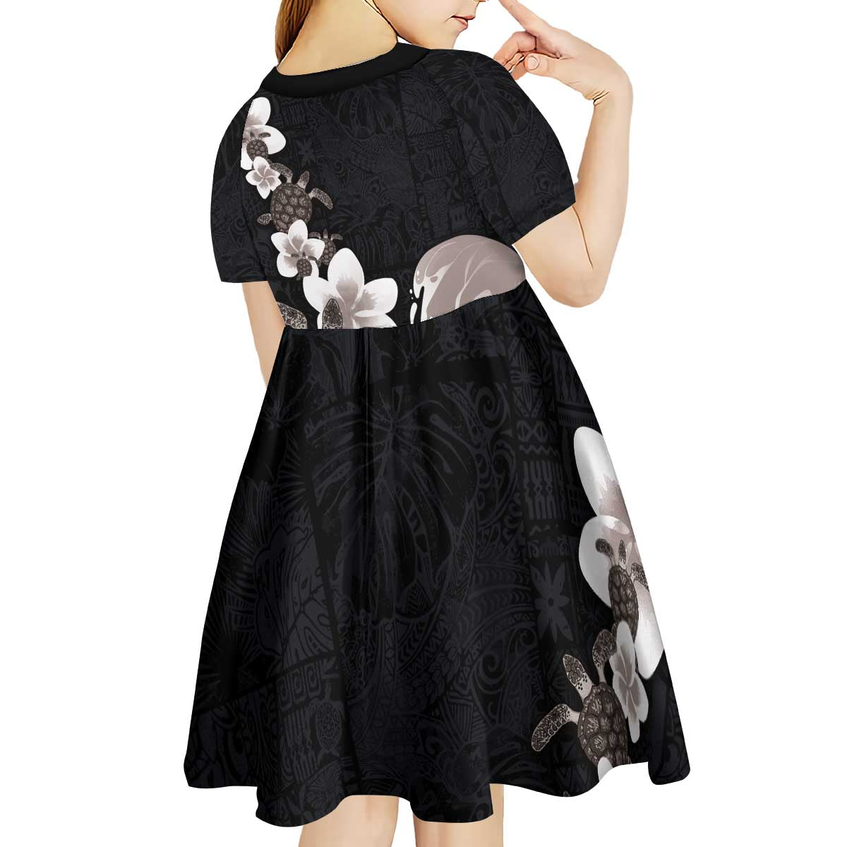 Hawaiian Plumeria and Turtle Kid Short Sleeve Dress with Polynesian Tribal Art Pattern Grayscale Color