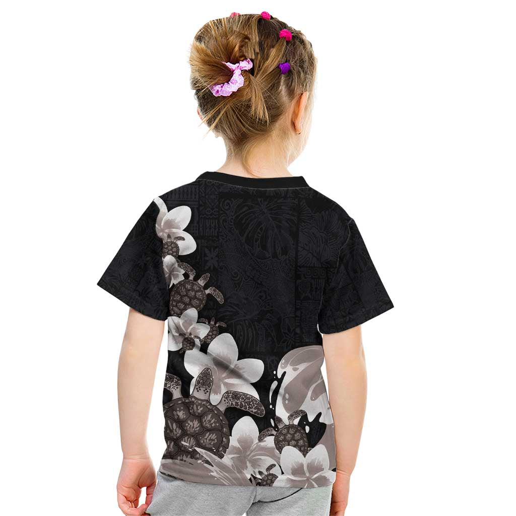 Hawaiian Plumeria and Turtle Kid T Shirt with Polynesian Tribal Art Pattern Grayscale Color