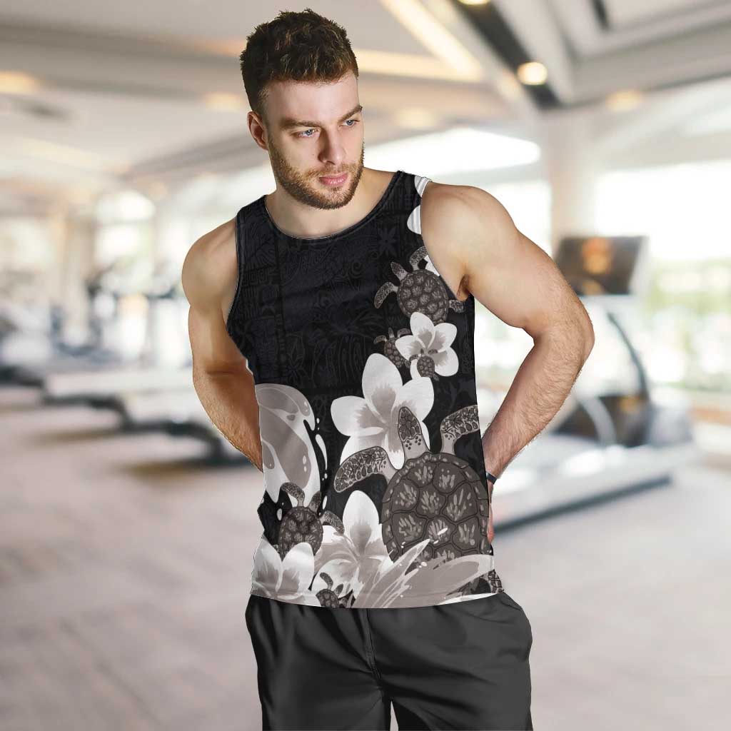 Hawaiian Plumeria and Turtle Men Tank Top with Polynesian Tribal Art Pattern Grayscale Color LT03 Black - Polynesian Pride
