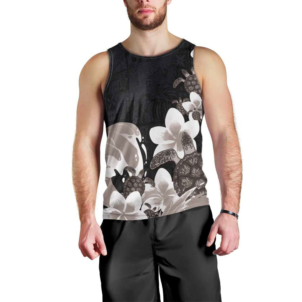 Hawaiian Plumeria and Turtle Men Tank Top with Polynesian Tribal Art Pattern Grayscale Color LT03 - Polynesian Pride