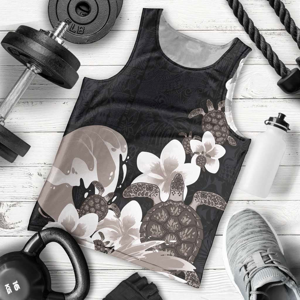 Hawaiian Plumeria and Turtle Men Tank Top with Polynesian Tribal Art Pattern Grayscale Color LT03 - Polynesian Pride