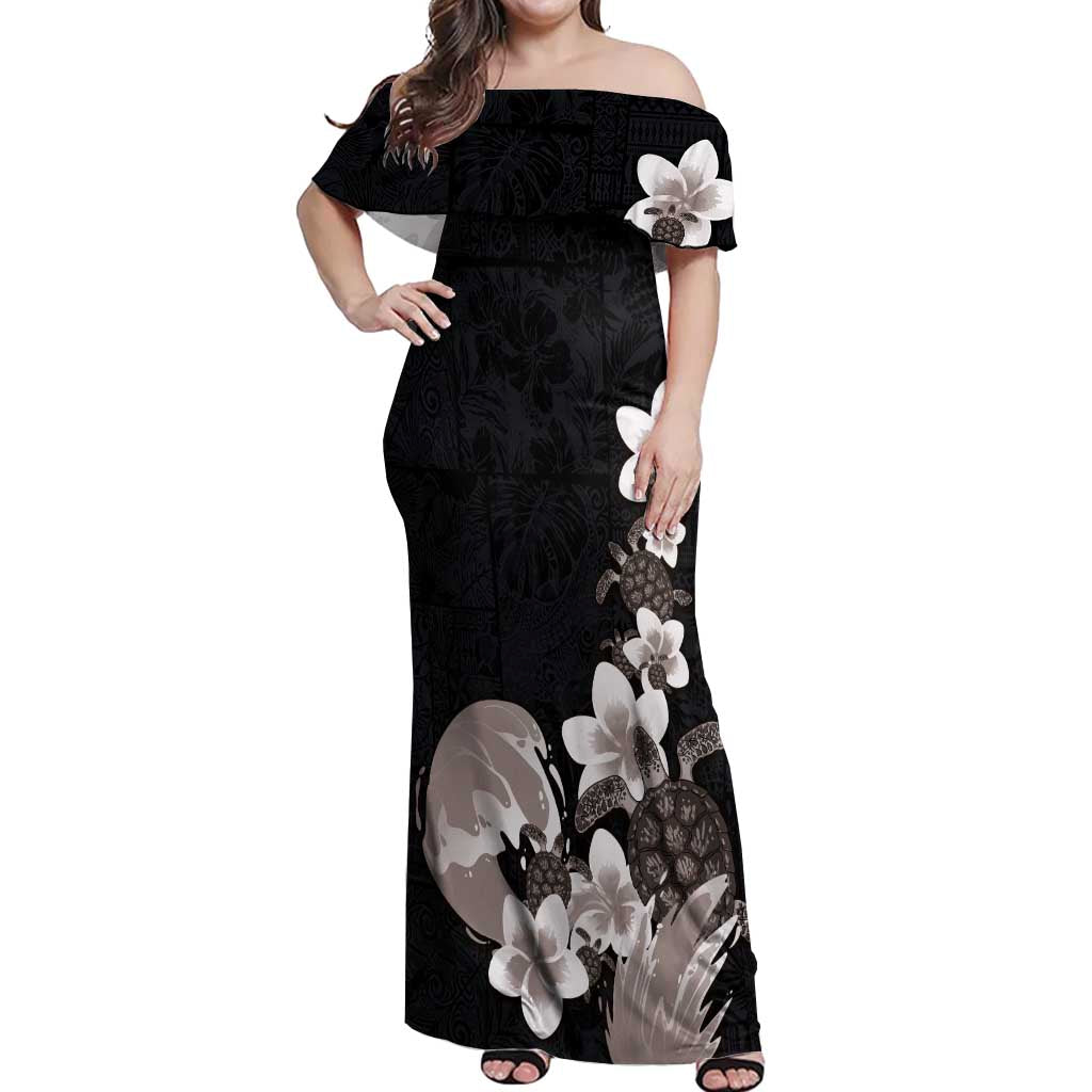 Hawaiian Plumeria and Turtle Off Shoulder Maxi Dress with Polynesian Tribal Art Pattern Grayscale Color LT03 Women Black - Polynesian Pride