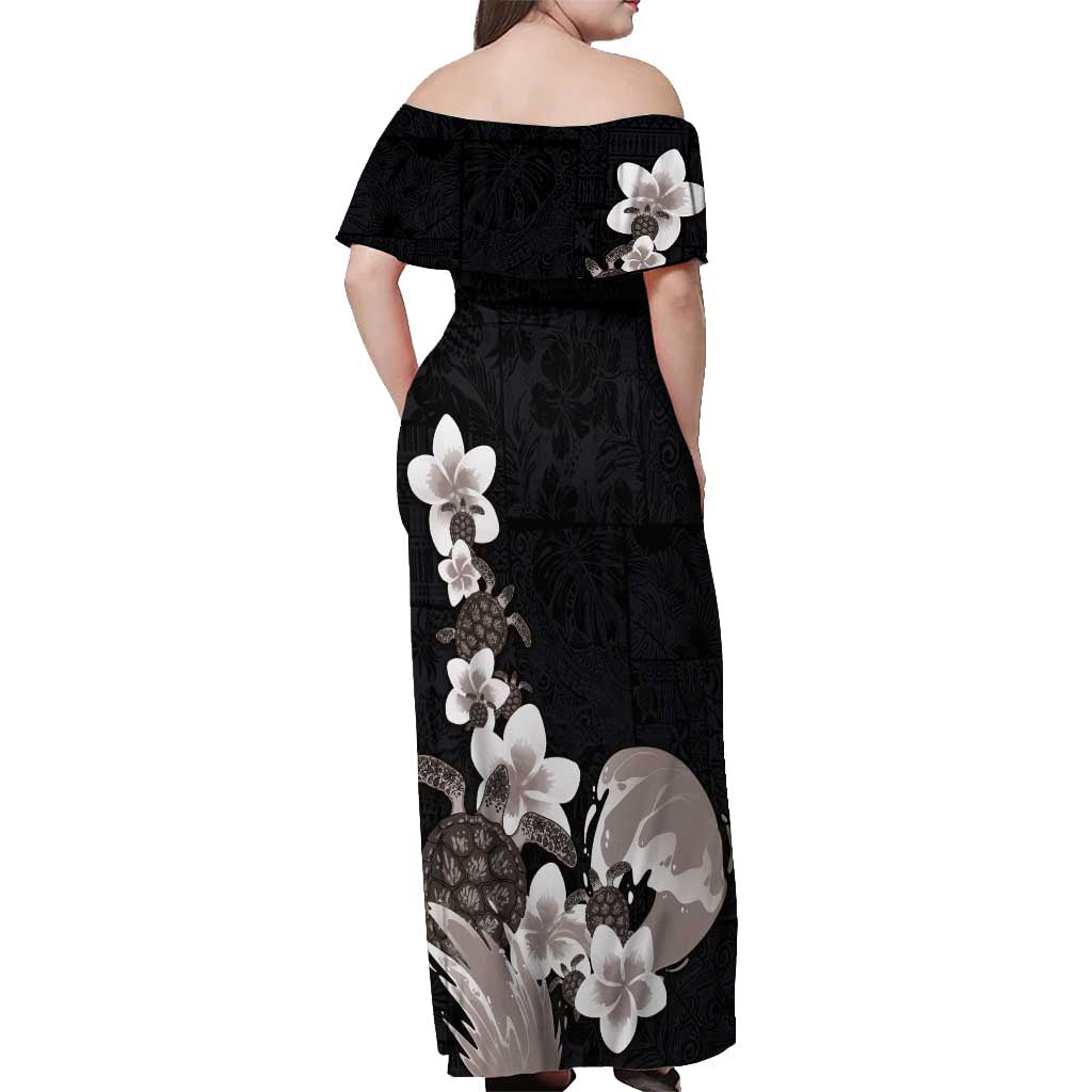 Hawaiian Plumeria and Turtle Off Shoulder Maxi Dress with Polynesian Tribal Art Pattern Grayscale Color LT03 - Polynesian Pride
