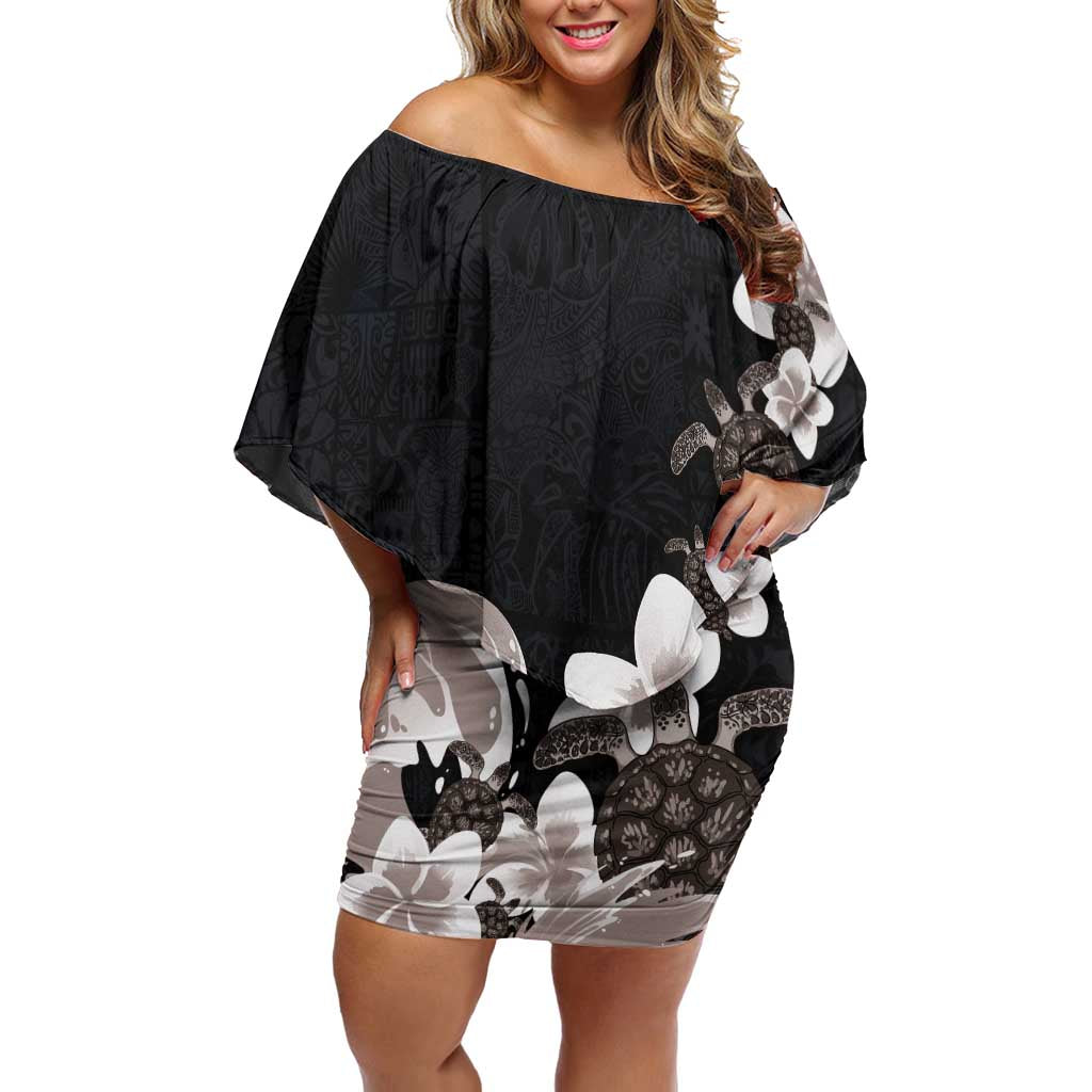 Hawaiian Plumeria and Turtle Off Shoulder Short Dress with Polynesian Tribal Art Pattern Grayscale Color LT03 Women Black - Polynesian Pride