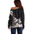 Hawaiian Plumeria and Turtle Off Shoulder Sweater with Polynesian Tribal Art Pattern Grayscale Color