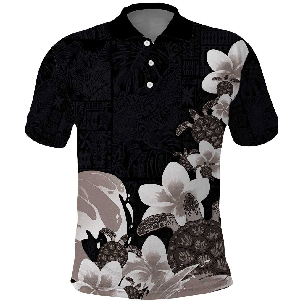 Hawaiian Plumeria and Turtle Polo Shirt with Polynesian Tribal Art Pattern Grayscale Color