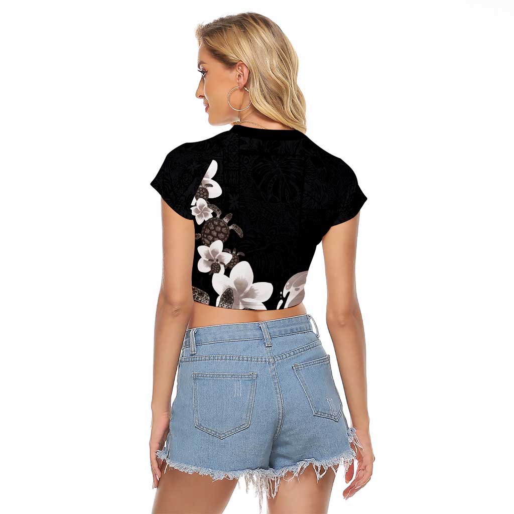 Hawaiian Plumeria and Turtle Raglan Cropped T Shirt with Polynesian Tribal Art Pattern Grayscale Color LT03 - Polynesian Pride