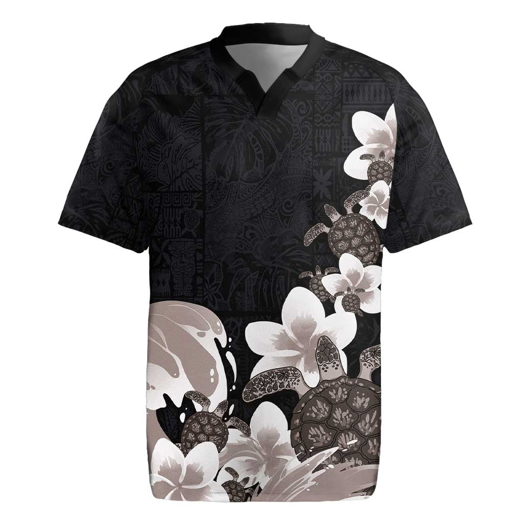Hawaiian Plumeria and Turtle Rugby Jersey with Polynesian Tribal Art Pattern Grayscale Color LT03 Black - Polynesian Pride