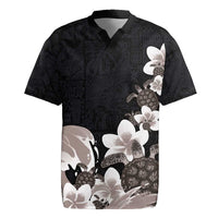 Hawaiian Plumeria and Turtle Rugby Jersey with Polynesian Tribal Art Pattern Grayscale Color LT03 Black - Polynesian Pride
