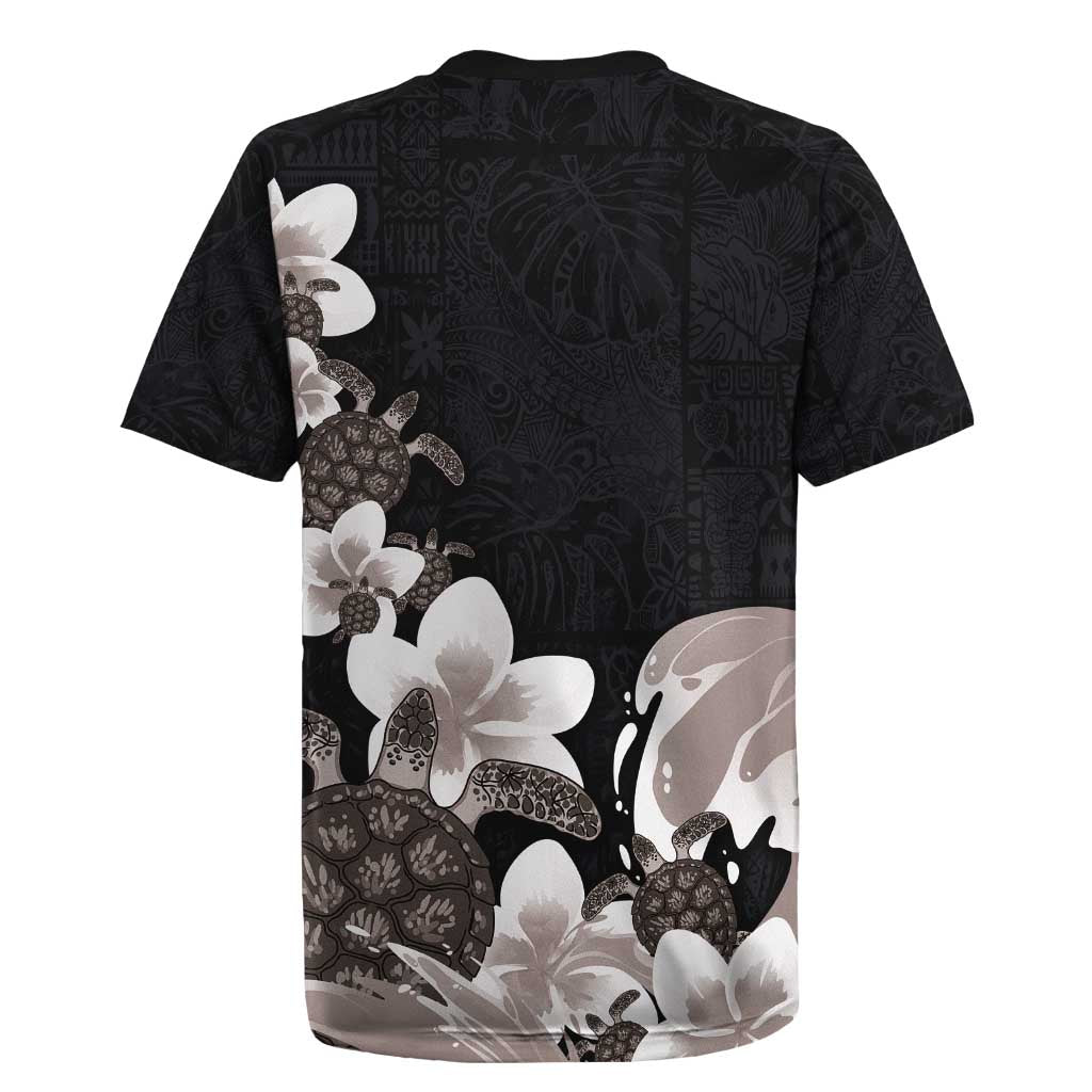 Hawaiian Plumeria and Turtle Rugby Jersey with Polynesian Tribal Art Pattern Grayscale Color LT03 - Polynesian Pride