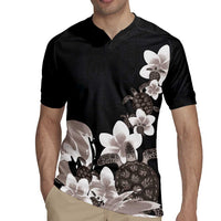 Hawaiian Plumeria and Turtle Rugby Jersey with Polynesian Tribal Art Pattern Grayscale Color LT03 - Polynesian Pride