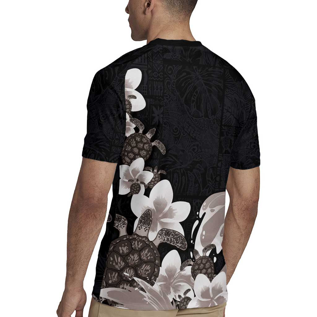 Hawaiian Plumeria and Turtle Rugby Jersey with Polynesian Tribal Art Pattern Grayscale Color LT03 - Polynesian Pride