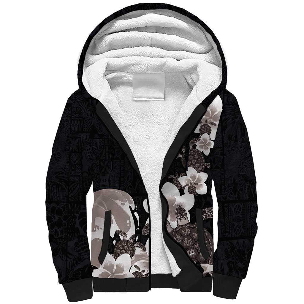 Hawaiian Plumeria and Turtle Sherpa Hoodie with Polynesian Tribal Art Pattern Grayscale Color LT03 Unisex Black - Polynesian Pride