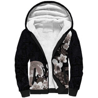 Hawaiian Plumeria and Turtle Sherpa Hoodie with Polynesian Tribal Art Pattern Grayscale Color LT03 Unisex Black - Polynesian Pride