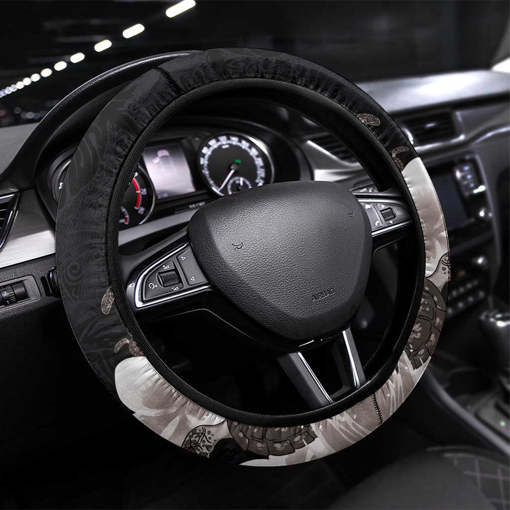 Hawaiian Plumeria and Turtle Steering Wheel Cover with Polynesian Tribal Art Pattern Grayscale Color LT03 Universal Fit Black - Polynesian Pride