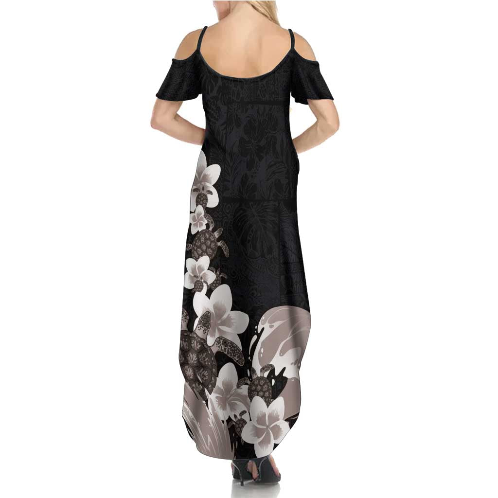 Hawaiian Plumeria and Turtle Summer Maxi Dress with Polynesian Tribal Art Pattern Grayscale Color LT03 - Polynesian Pride