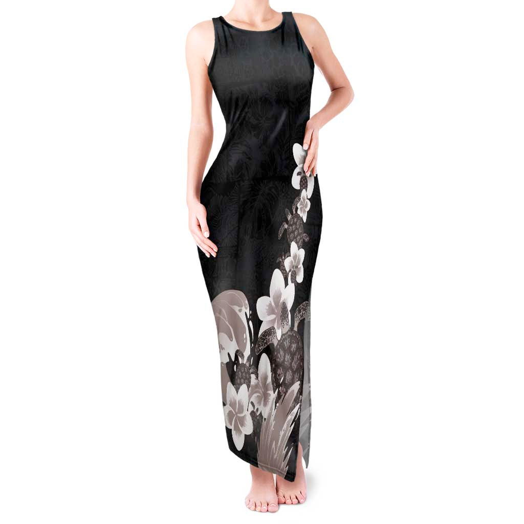 Hawaiian Plumeria and Turtle Tank Maxi Dress with Polynesian Tribal Art Pattern Grayscale Color