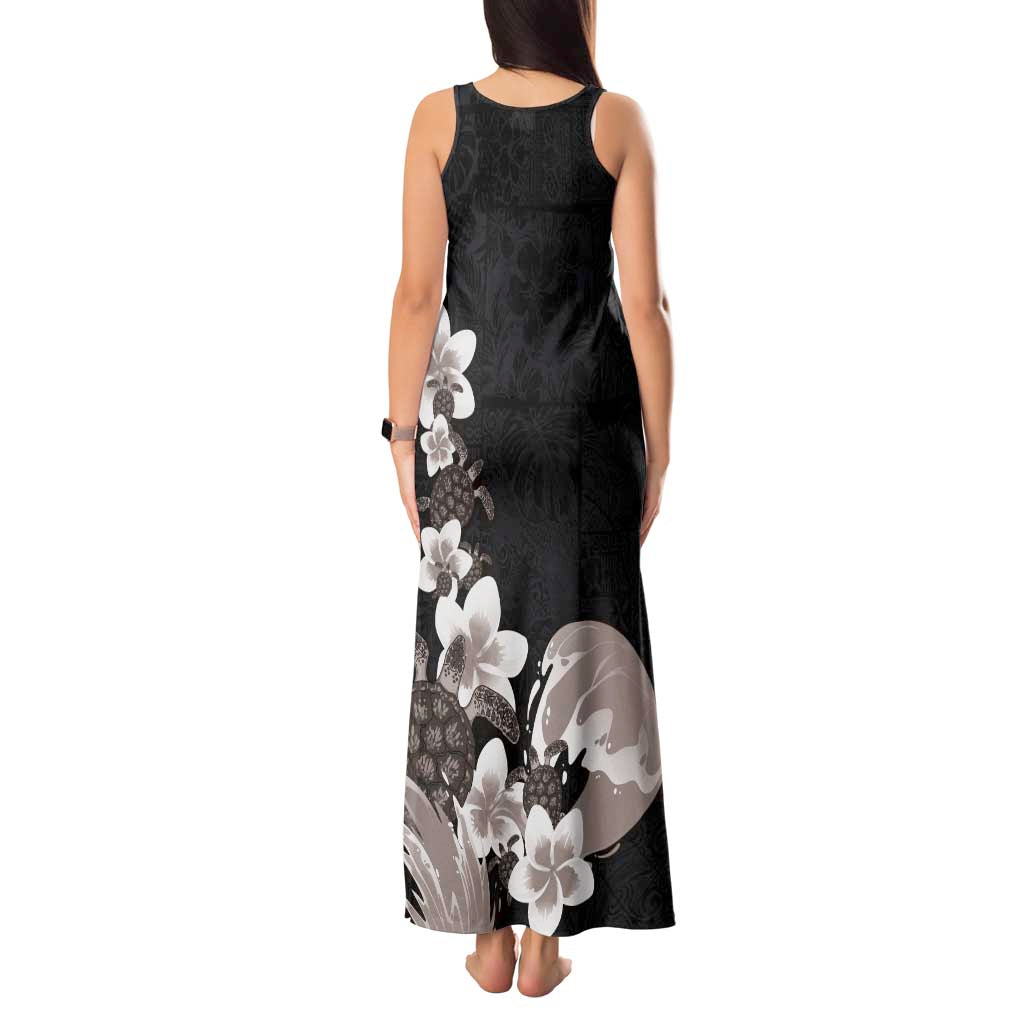 Hawaiian Plumeria and Turtle Tank Maxi Dress with Polynesian Tribal Art Pattern Grayscale Color LT03 - Polynesian Pride