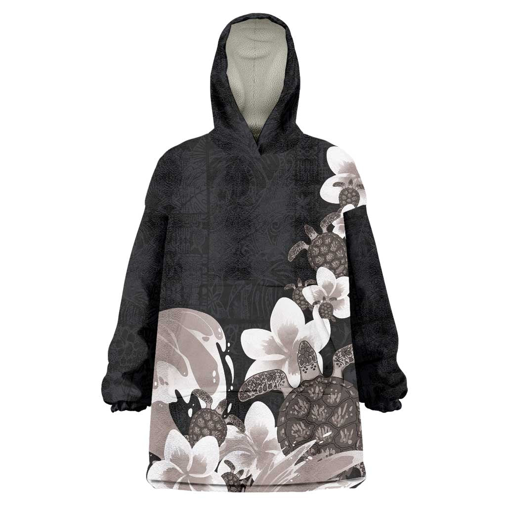 Hawaiian Plumeria and Turtle Wearable Blanket Hoodie with Polynesian Tribal Art Pattern Grayscale Color LT03 One Size Black - Polynesian Pride