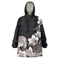 Hawaiian Plumeria and Turtle Wearable Blanket Hoodie with Polynesian Tribal Art Pattern Grayscale Color LT03 One Size Black - Polynesian Pride