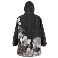 Hawaiian Plumeria and Turtle Wearable Blanket Hoodie with Polynesian Tribal Art Pattern Grayscale Color LT03 - Polynesian Pride