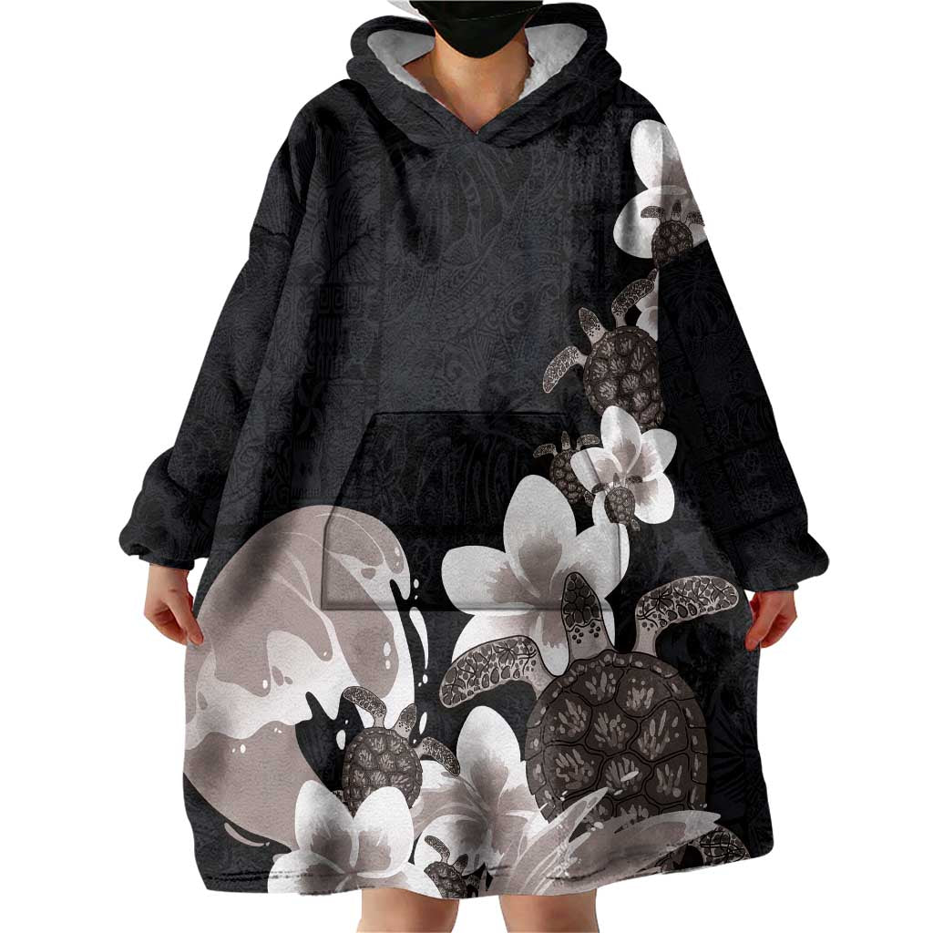 Hawaiian Plumeria and Turtle Wearable Blanket Hoodie with Polynesian Tribal Art Pattern Grayscale Color LT03 - Polynesian Pride