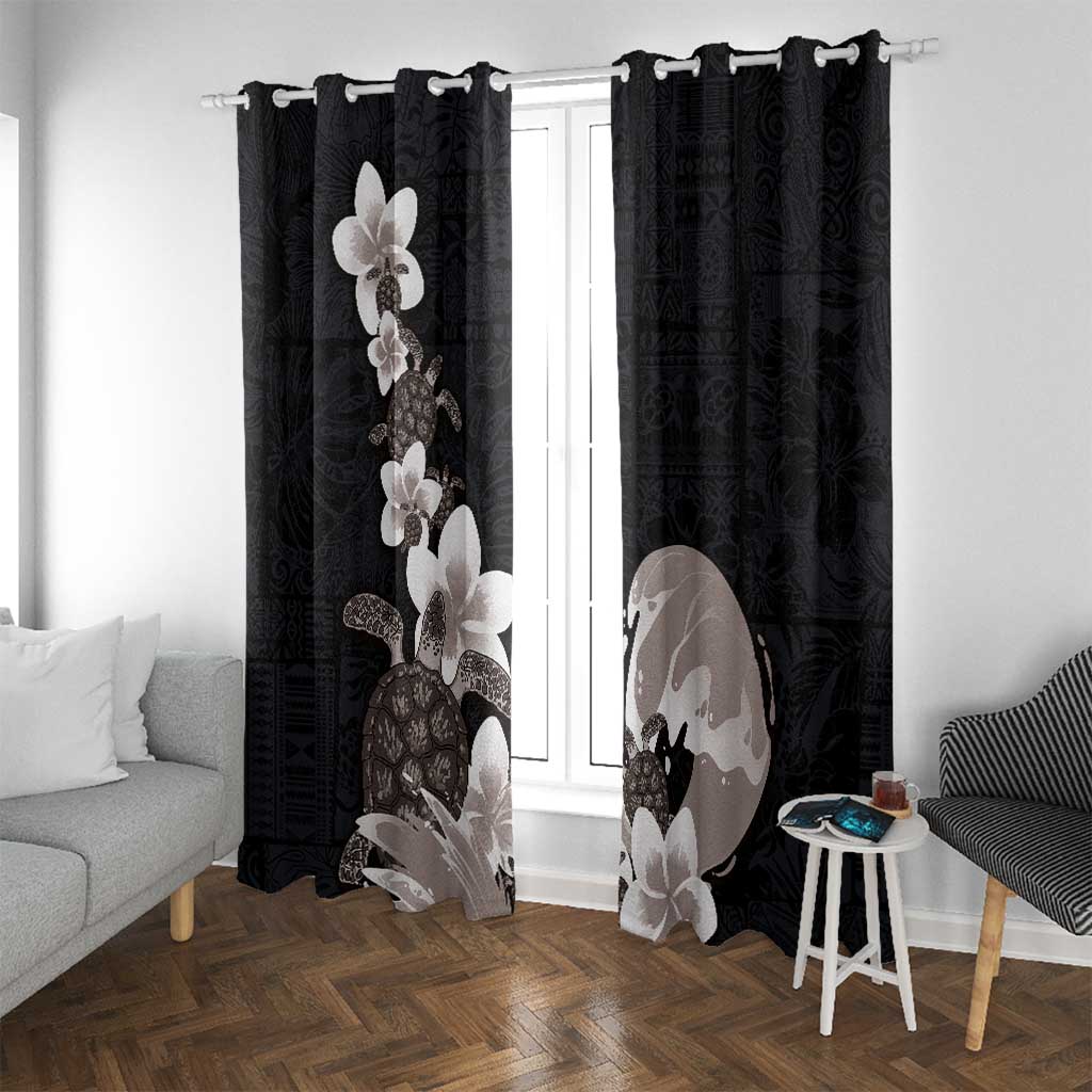 Hawaiian Plumeria and Turtle Window Curtain with Polynesian Tribal Art Pattern Grayscale Color LT03 With Grommets Black - Polynesian Pride