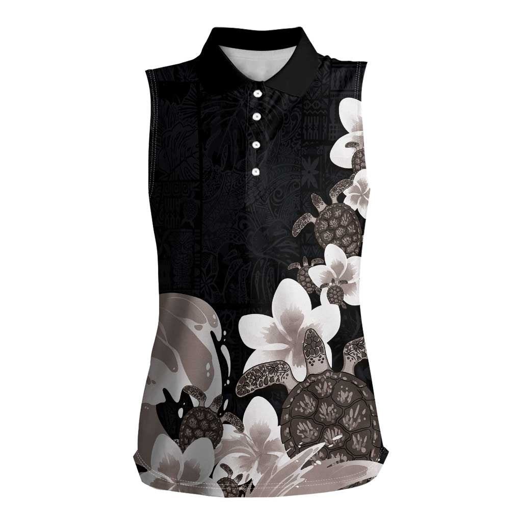 Hawaiian Plumeria and Turtle Women Sleeveless Polo Shirt with Polynesian Tribal Art Pattern Grayscale Color