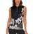 Hawaiian Plumeria and Turtle Women Sleeveless Polo Shirt with Polynesian Tribal Art Pattern Grayscale Color