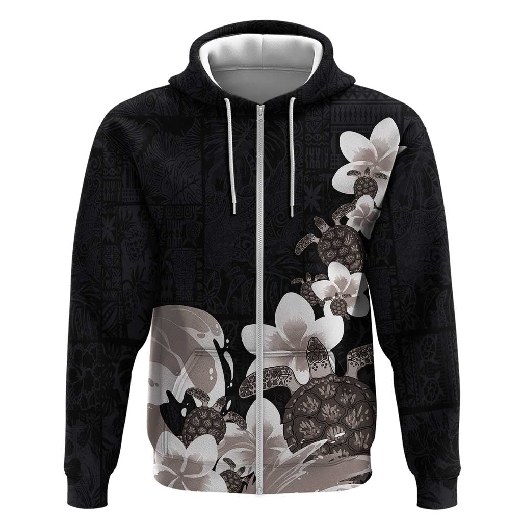 Hawaiian Plumeria and Turtle Zip Hoodie with Polynesian Tribal Art Pattern Grayscale Color