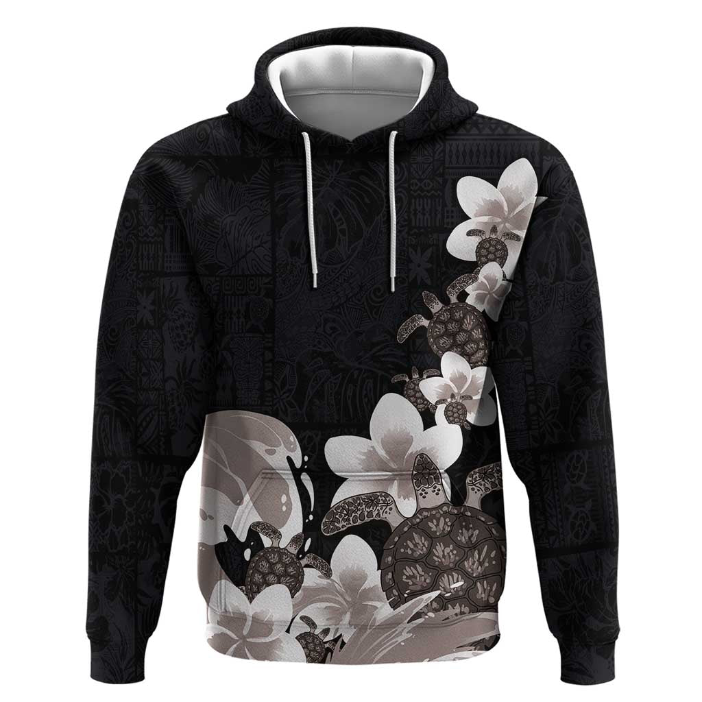 Hawaiian Plumeria and Turtle Zip Hoodie with Polynesian Tribal Art Pattern Grayscale Color
