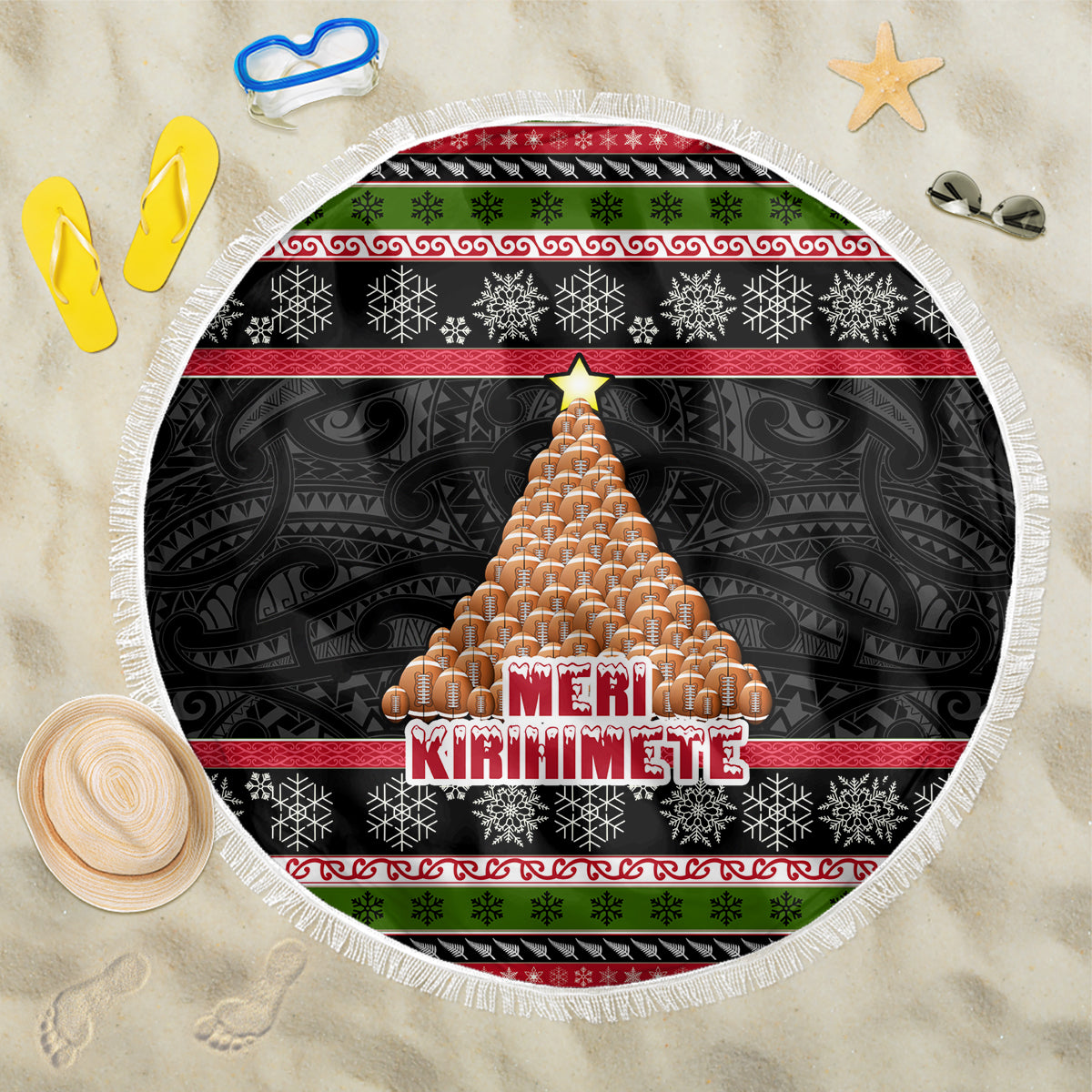 New Zealand Meri Kirihimete Beach Blanket Maori Warrior with Rugby Christmas Tree LT03 One Size 150cm Black - Polynesian Pride