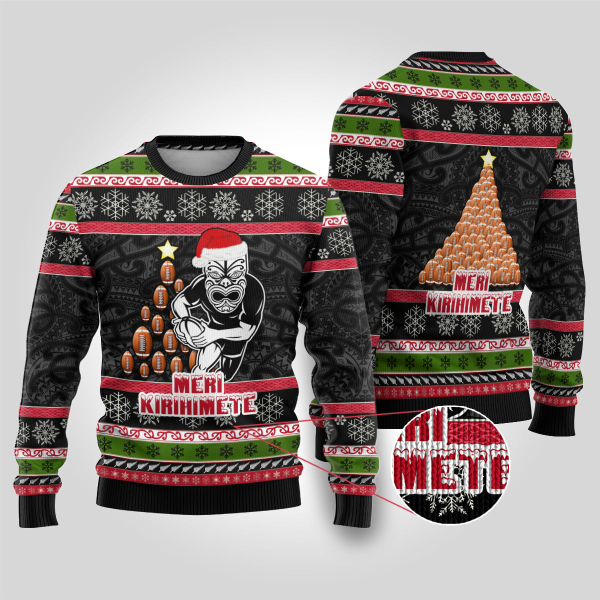 New Zealand Meri Kirihimete Ugly Christmas Sweater Maori Warrior with Rugby Christmas Tree LT03 Black - Polynesian Pride