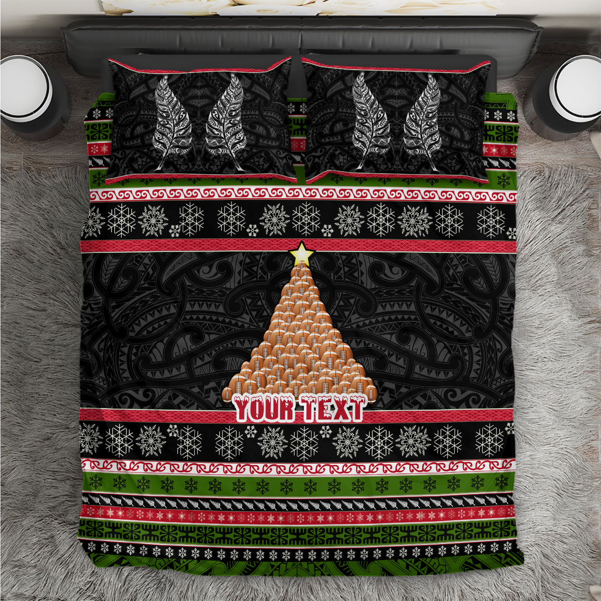 Personalized New Zealand Meri Kirihimete Bedding Set Maori Warrior with Rugby Christmas Tree LT03 Black - Polynesian Pride