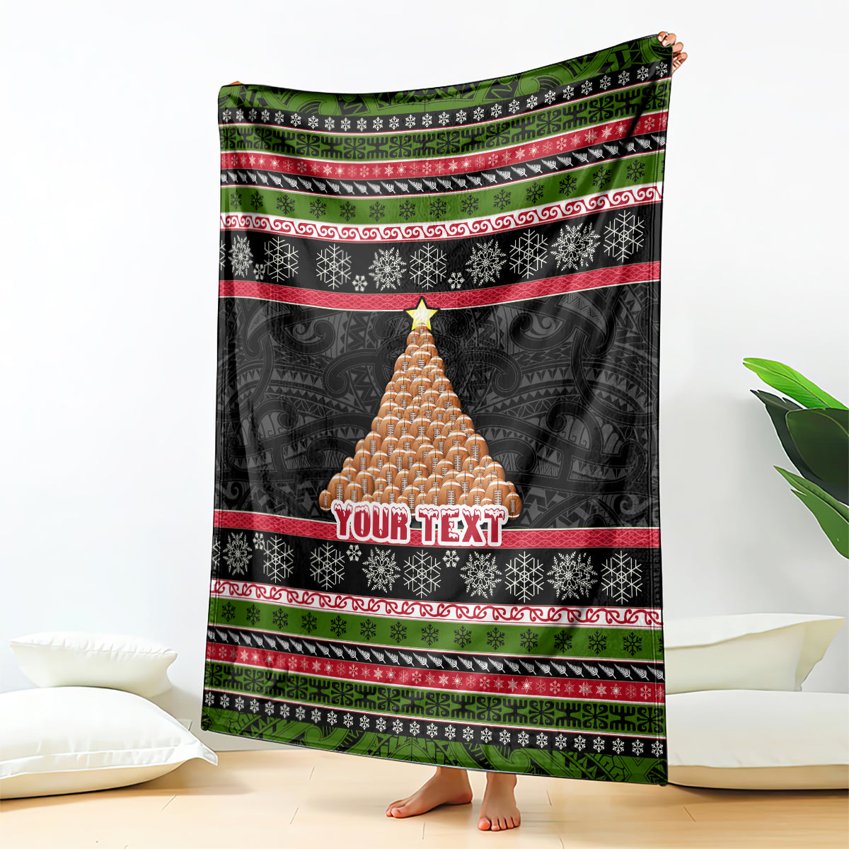 Personalized New Zealand Meri Kirihimete Blanket Maori Warrior with Rugby Christmas Tree LT03 Black - Polynesian Pride