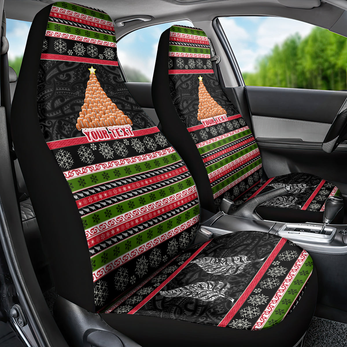 Personalized New Zealand Meri Kirihimete Car Seat Cover Maori Warrior with Rugby Christmas Tree LT03 - Polynesian Pride