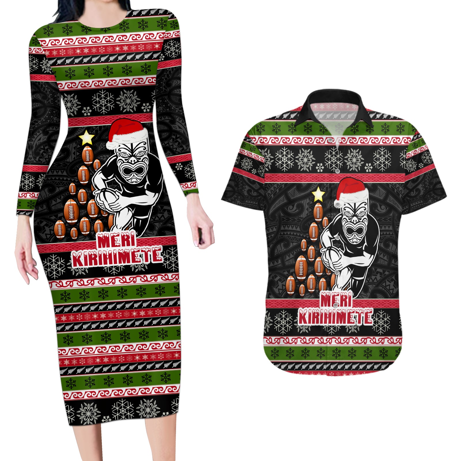 Personalized New Zealand Meri Kirihimete Couples Matching Long Sleeve Bodycon Dress and Hawaiian Shirt Maori Warrior with Rugby Christmas Tree LT03 Black - Polynesian Pride